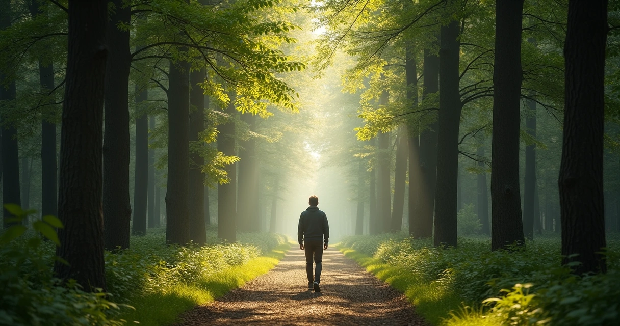Pessoa caminhando sozinha por um caminho natural, vista de costas, sugerindo introspecção 