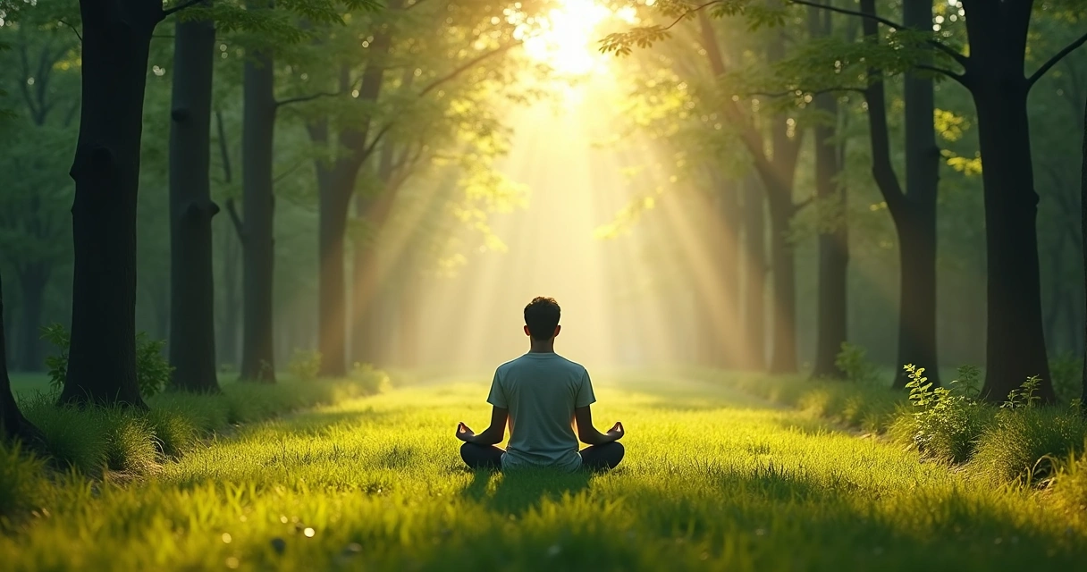 Pessoa sentada em posição de meditação em um cenário de natureza com dois caminhos à frente. 
