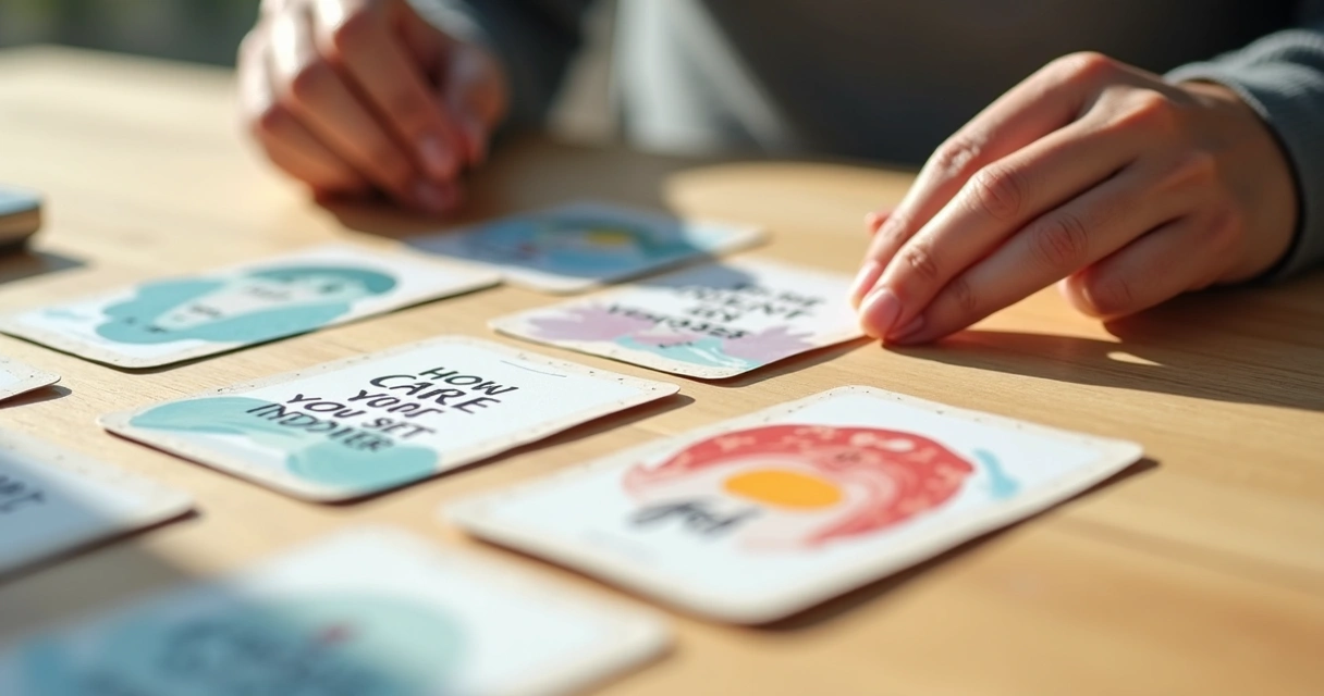 Cartas terapêuticas de autoconhecimento sobre mesa 