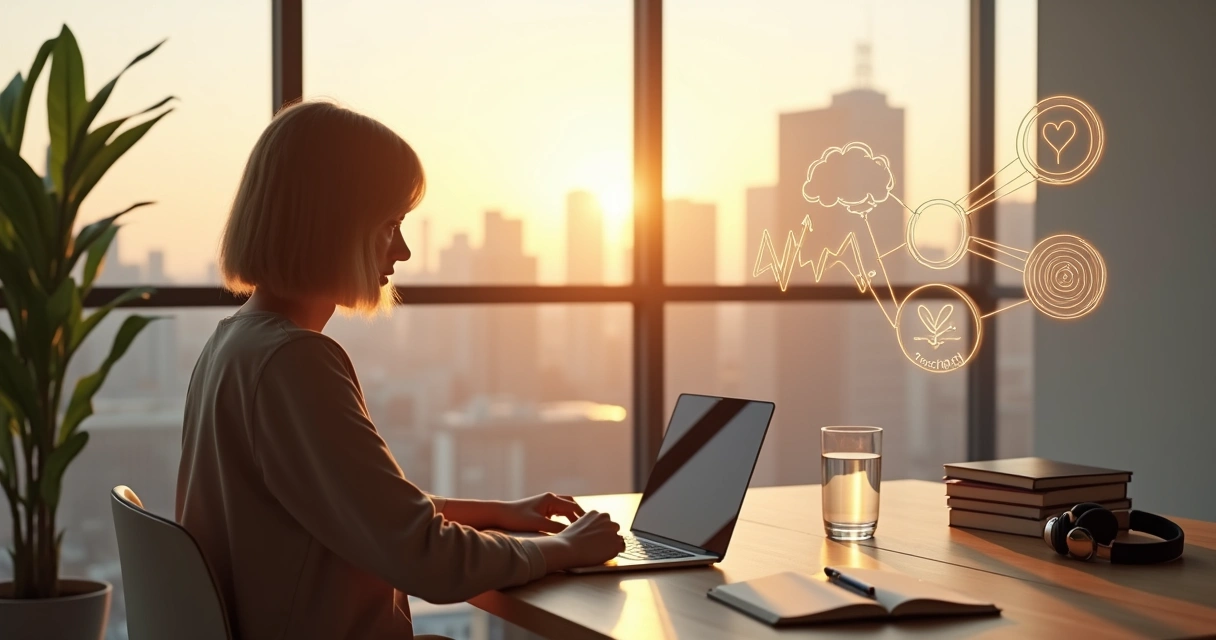Profissional em escritório moderno olhando pela janela com caderno de reflexões na mesa 
