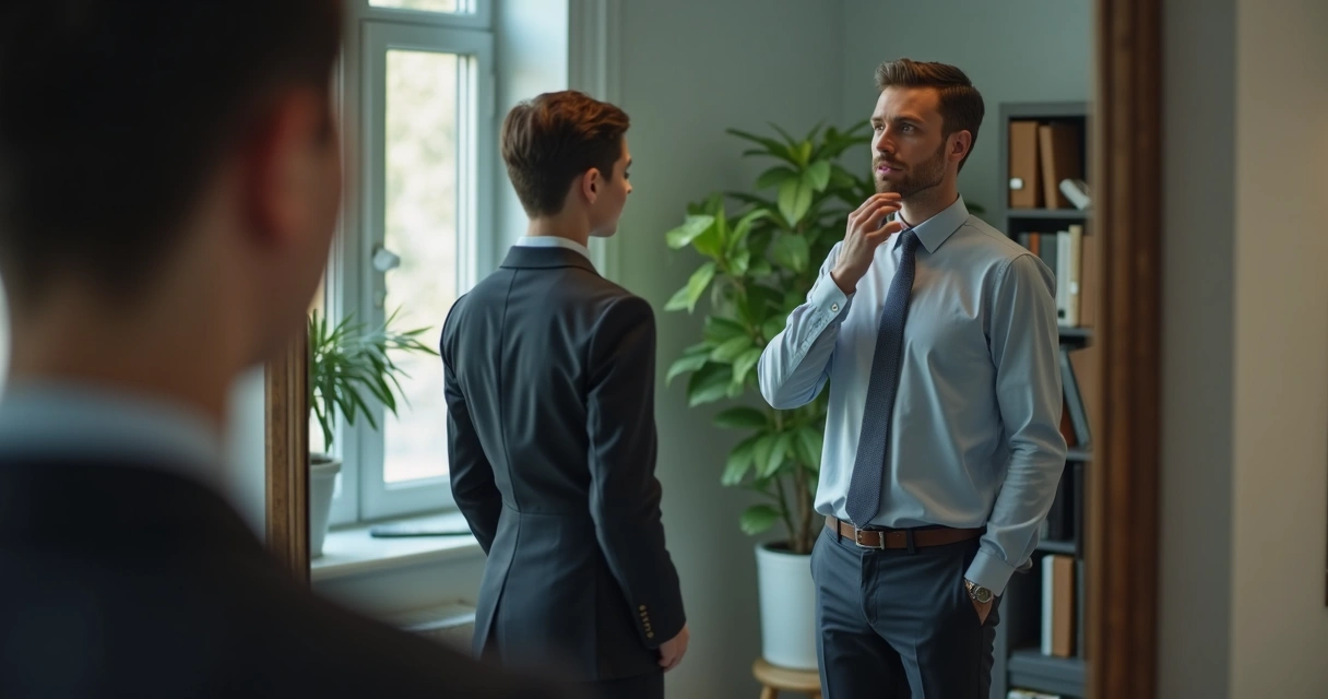 Profissional olhando para si mesmo no espelho, refletindo sobre escolhas 