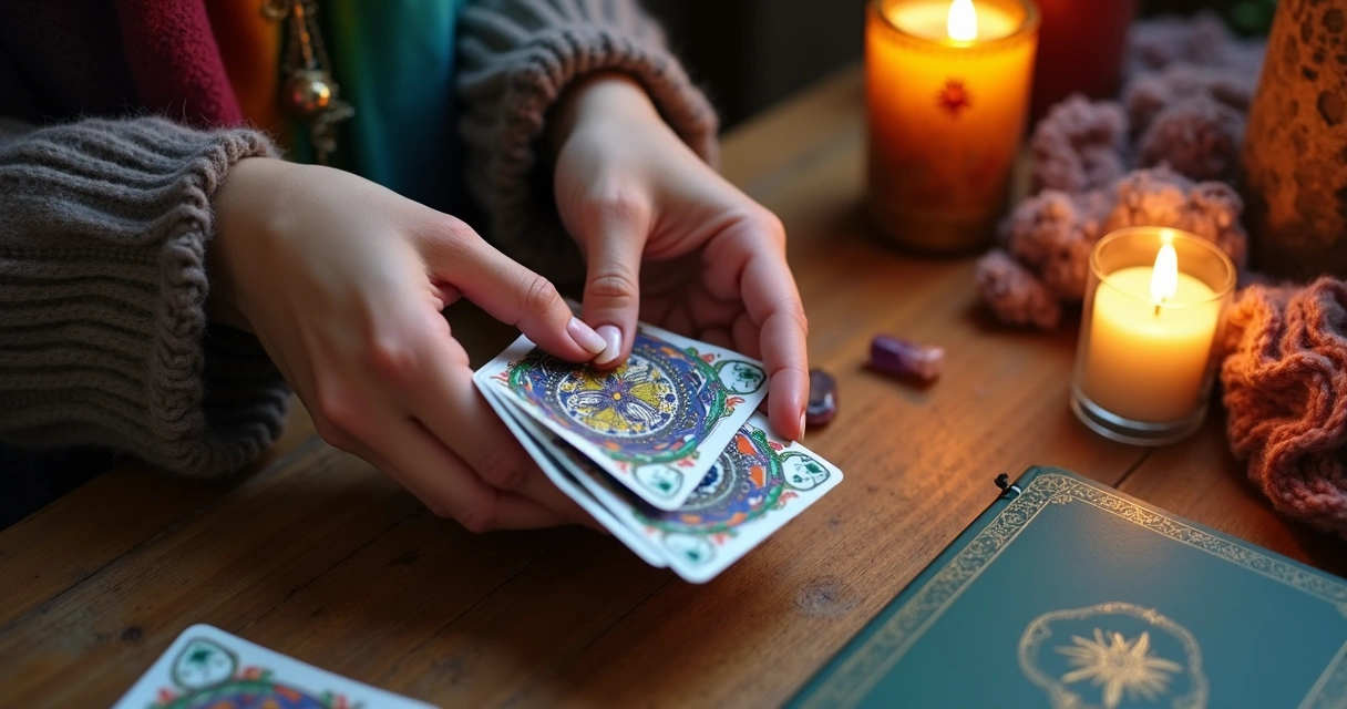 Mãos femininas embaralhando cartas ciganas em mesa de madeira 