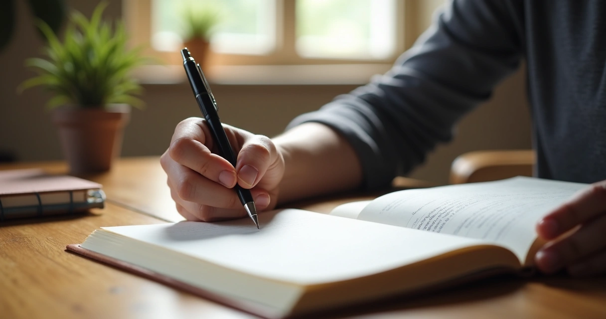 Pessoa escrevendo em diário de autoconhecimento