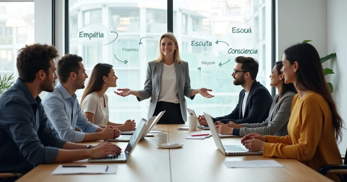 Equipe em reunião com líder mediando conflito de forma calma 