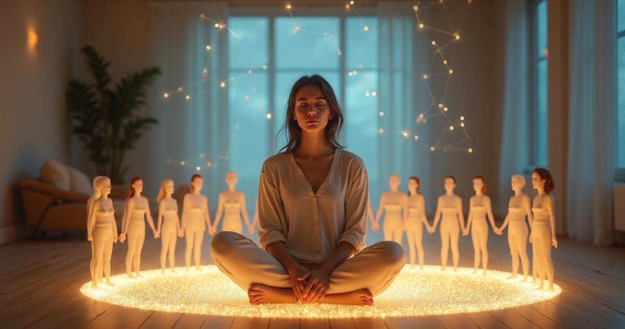 Mulher em círculo de luz conectada a silhuetas humanas em rede cósmica 