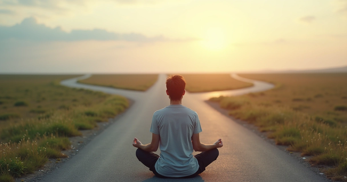 Pessoa meditando diante de estrada com vários caminhos simbolizando escolha consciente 