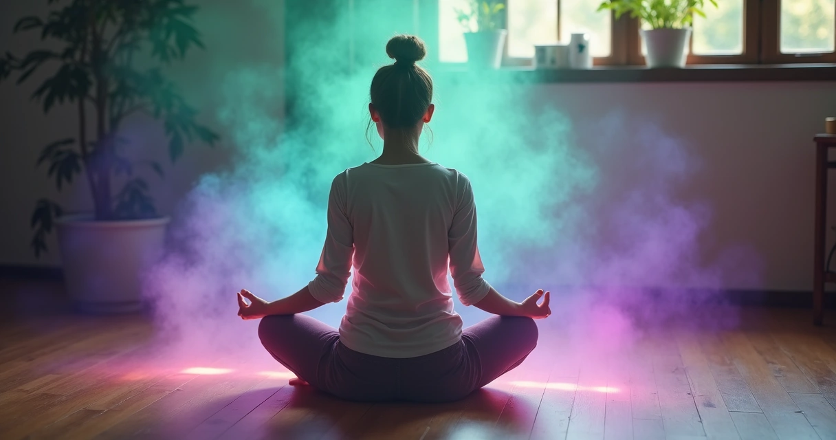 Mulher sentada em posição de meditação cercada por auras coloridas