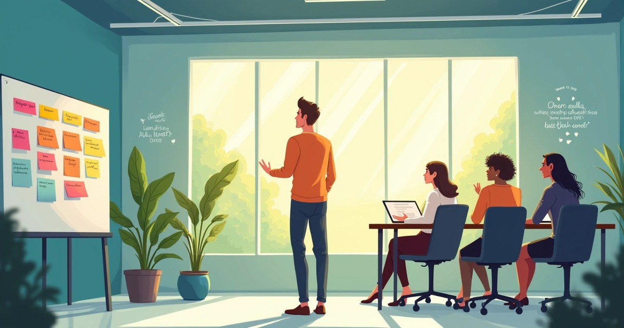 Ilustração de uma pessoa pensativa em um escritório, cercada por colegas e um quadro com anotações.