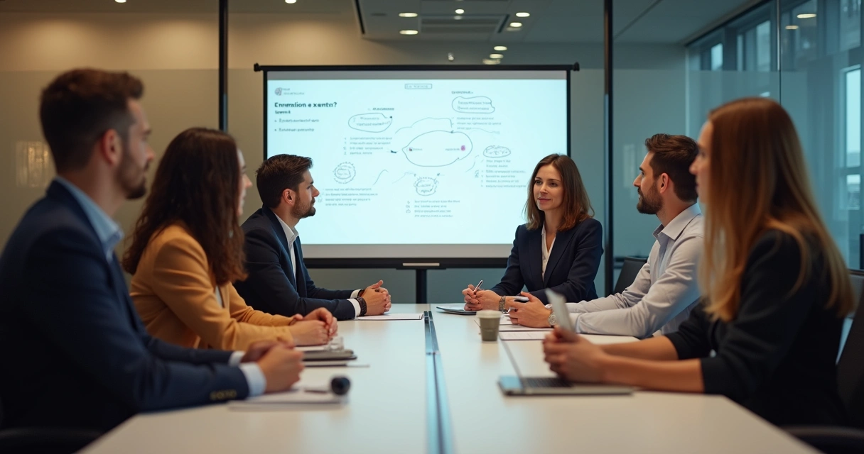 Equipe empresarial discutindo autoconhecimento em sala de reunião 