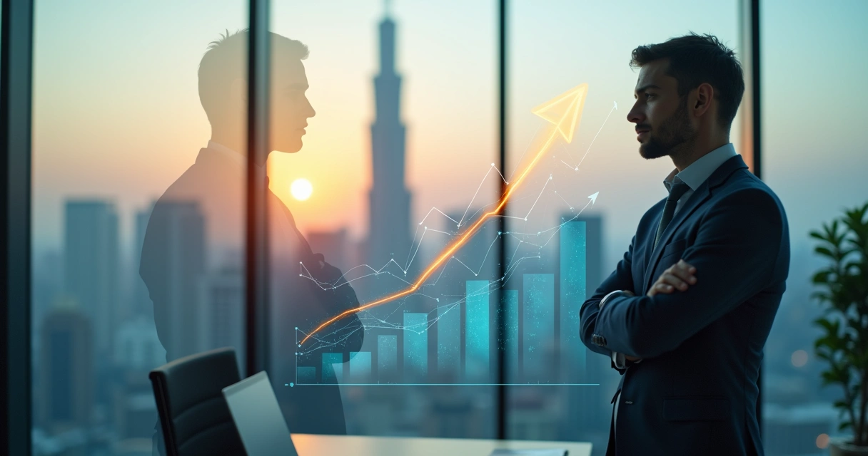Executivo olhando para reflexo em vidro com cidade ao fundo e gráficos de negócios 