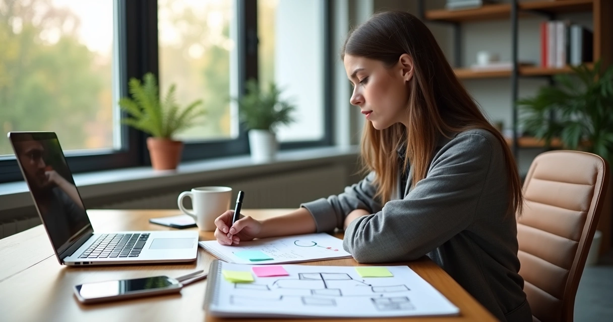 Profissional refletindo diante de laptop e anotações no escritório 