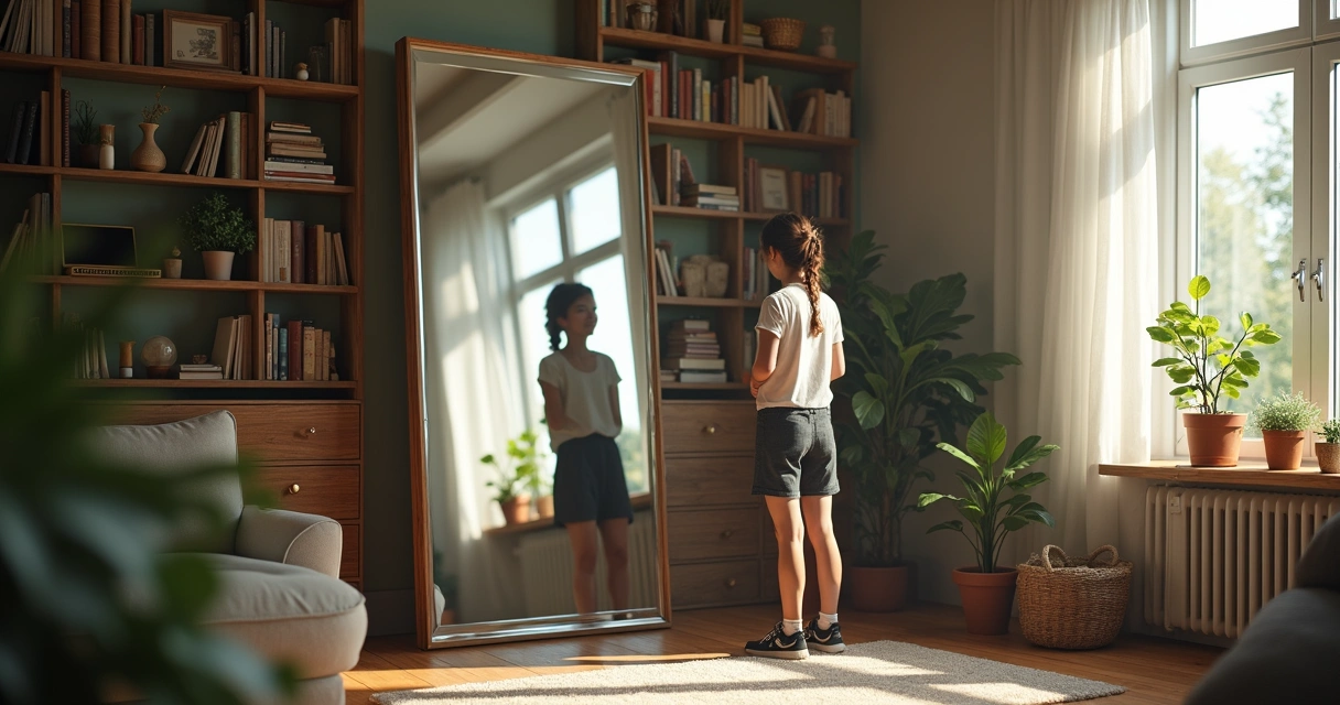Pessoa contemplando seu reflexo em um espelho, rodeada de livros e objetos pessoais