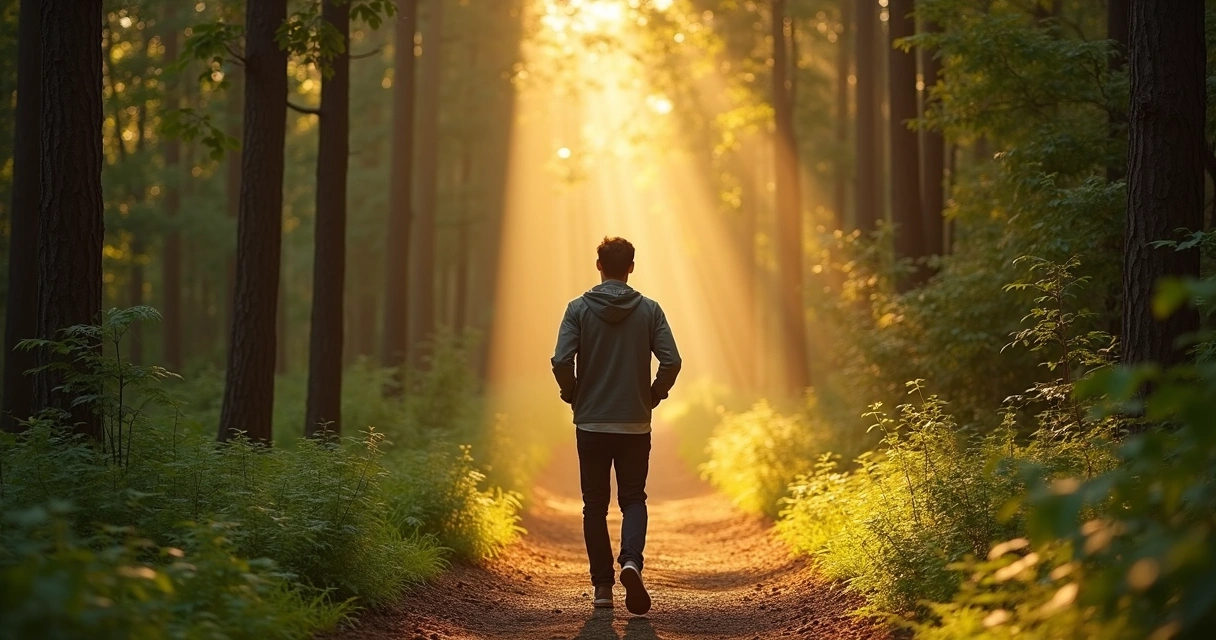 Pessoa caminhando em trilha de floresta, luz suave através das árvores