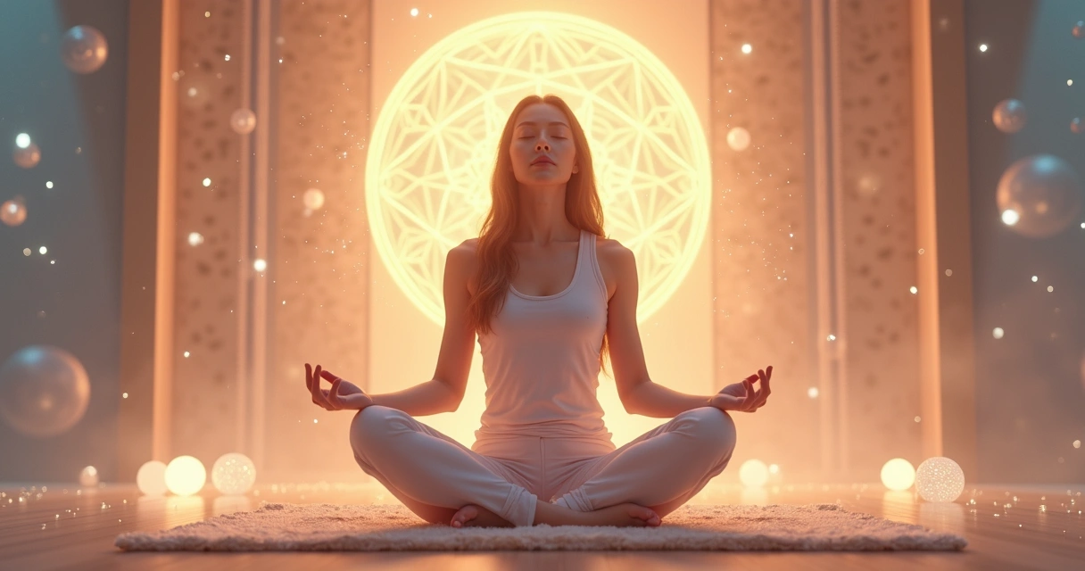 Mulher meditando cercada por símbolos de energia e luz 