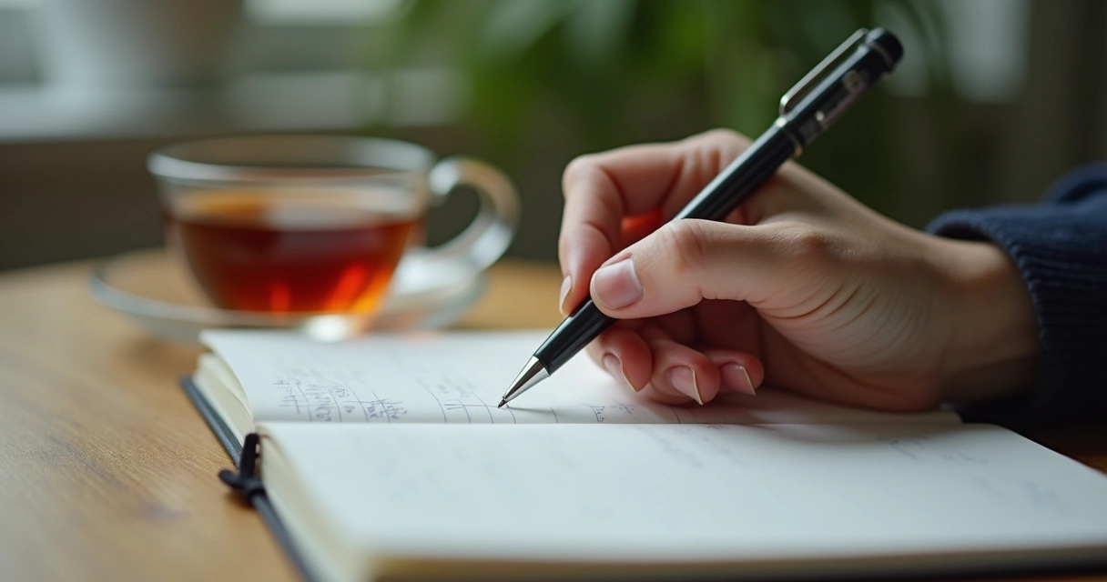 Pessoa escrevendo em um diário em ambiente calmo 