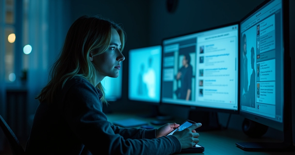 Pessoa refletindo diante de várias telas de redes sociais em ambiente escuro 