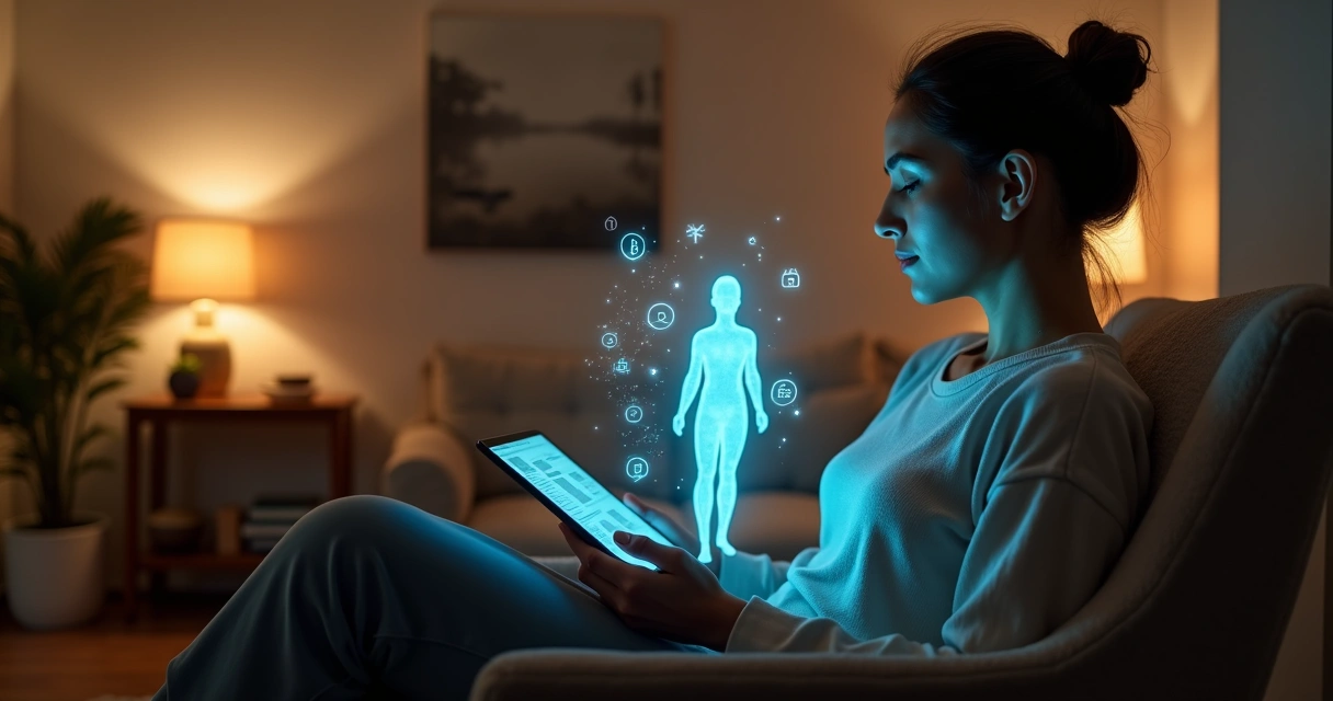 Pessoa usando tablet com icones de apps ligados a forma humana luminosa 