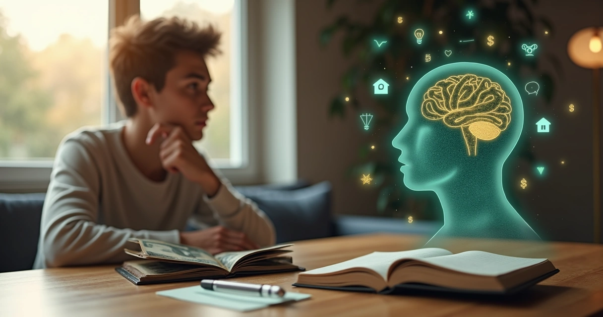 Pessoa refletindo diante de carteira aberta e símbolos de dinheiro e mente 