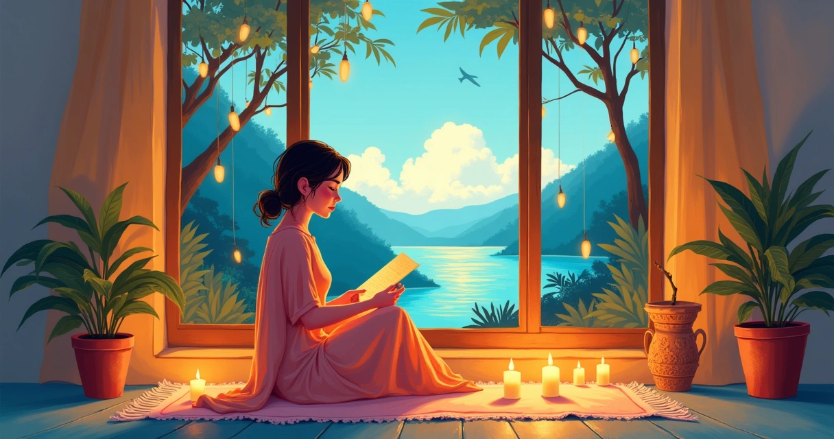 Mulher concentrada em leitura de tarô, cercada por velas e natureza, simbolizando autoconhecimento e espiritualidade.