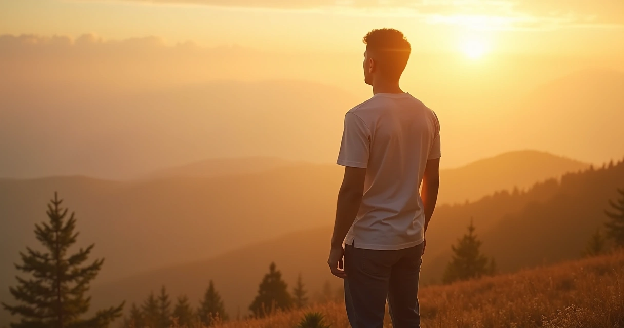 Pessoa com expressão confiante olhando para o horizonte, representando autoconhecimento e força interior 