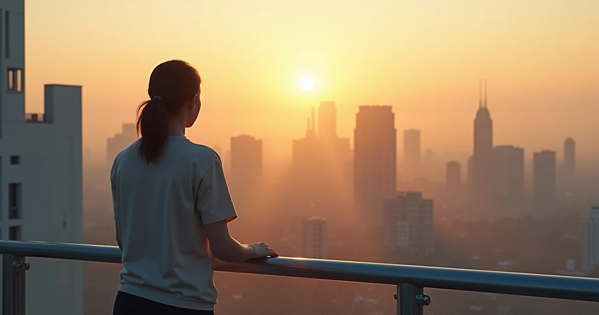 Pessoa refletindo diante de uma cidade vista do alto 
