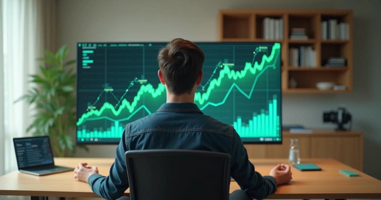 Pessoa olhando gráficos econômicos em tela digital enquanto medita em ambiente de trabalho moderno 