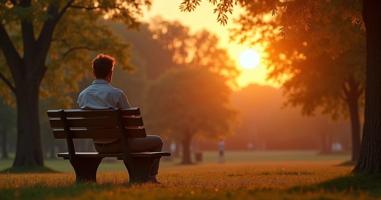 Pessoa refletindo sozinha em um parque durante o pôr do sol