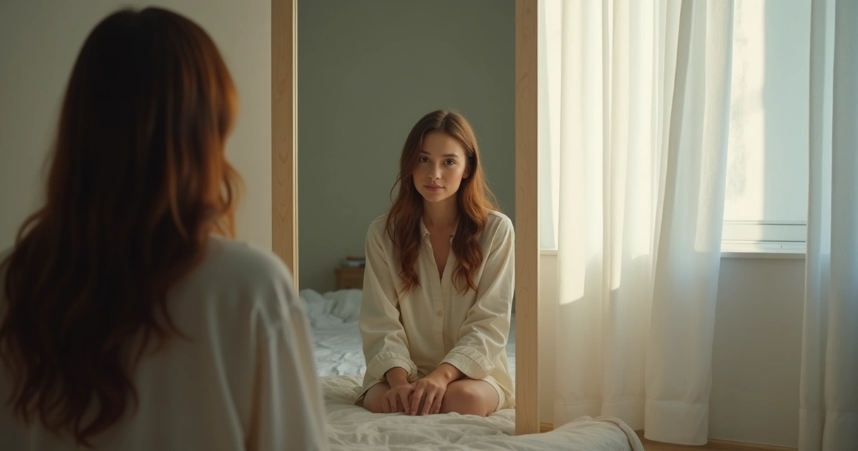 Pessoa refletindo diante do espelho, ambiente iluminado, expressão tranquila 