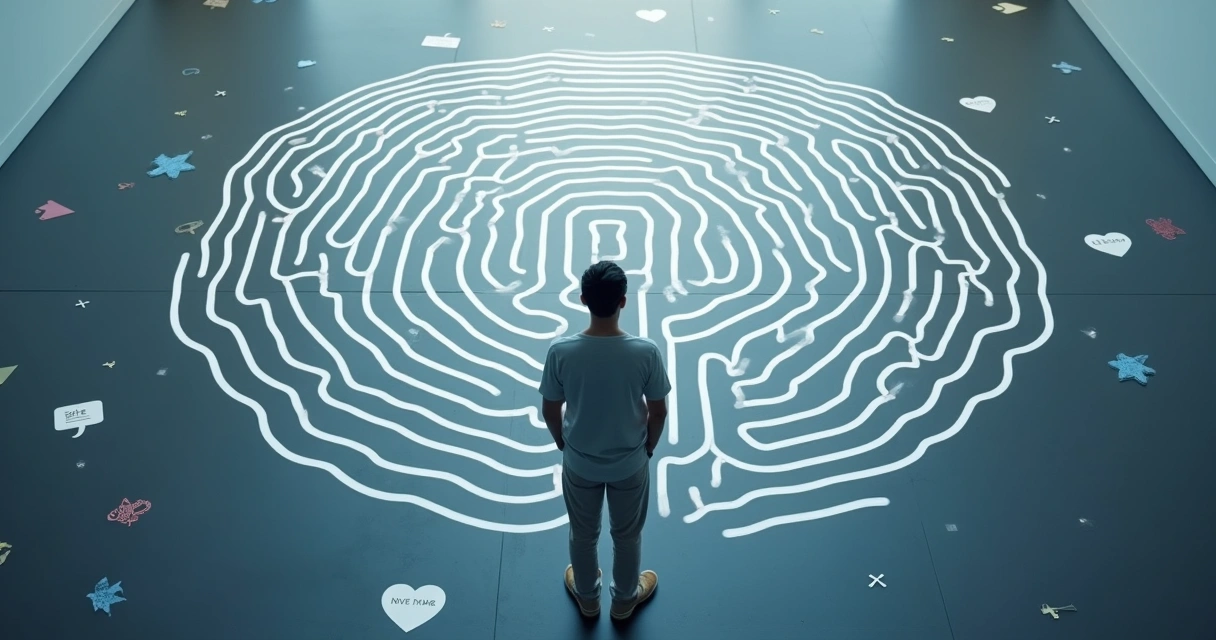 Pessoa refletindo diante de um labirinto em formato de cérebro 