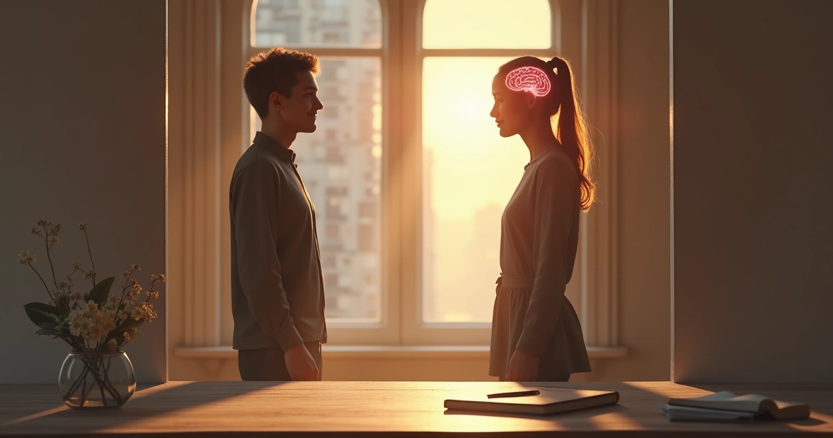 Pessoa olhando para um espelho com símbolos de cérebro e coração 