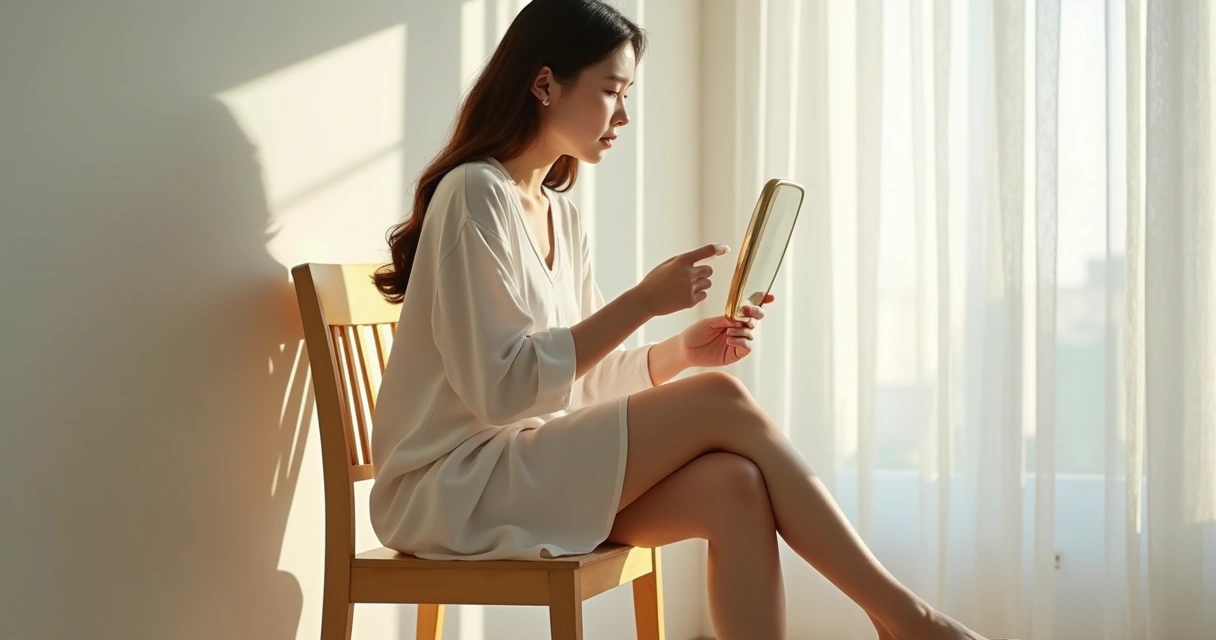 Mulher sentada refletindo olhando para um espelho pequeno, expressão serena, ambiente claro. 