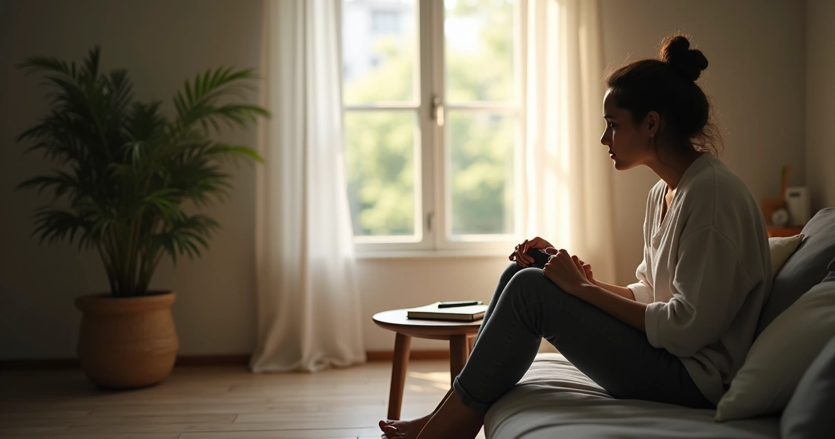 Pessoa refletindo sozinha em ambiente tranquilo, caderno e caneta ao lado 