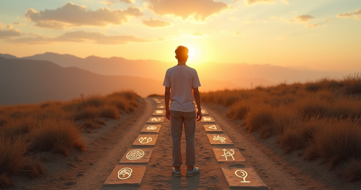 Pessoa em encruzilhada contemplando vários caminhos de autoconhecimento 