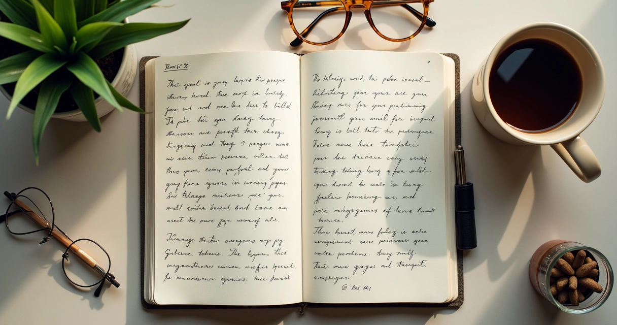 Caderno aberto com anotações, caneta e xícara de café, sugerindo reflexão e autoconhecimento