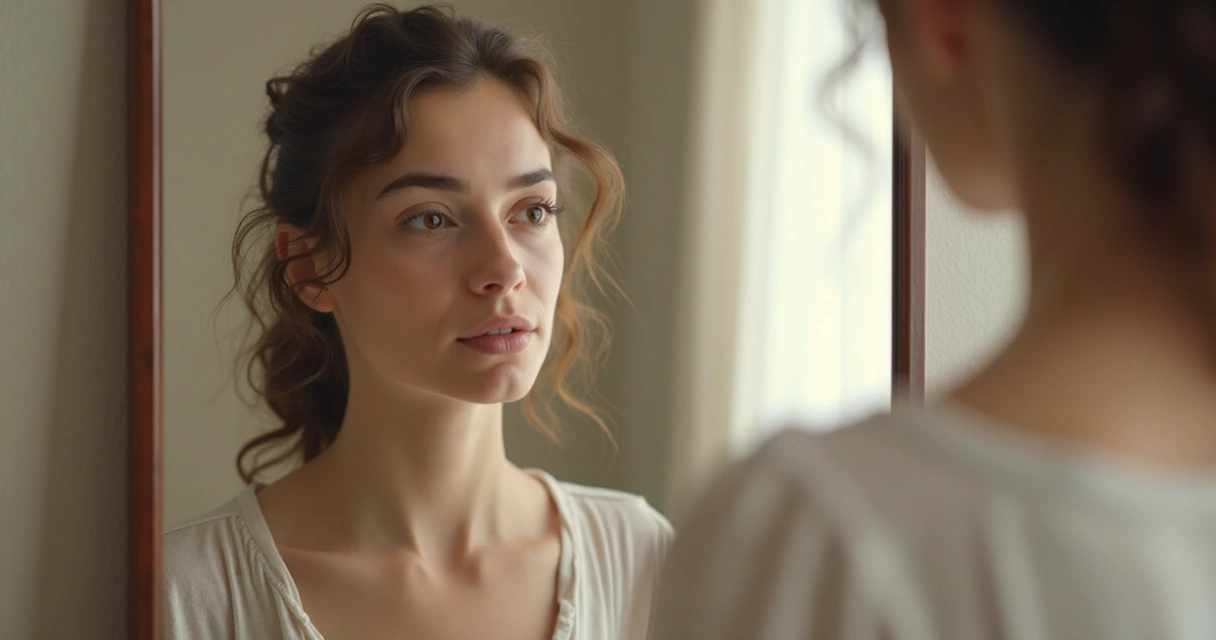 Pessoa refletindo diante do espelho, enxergando versões de si mesma 