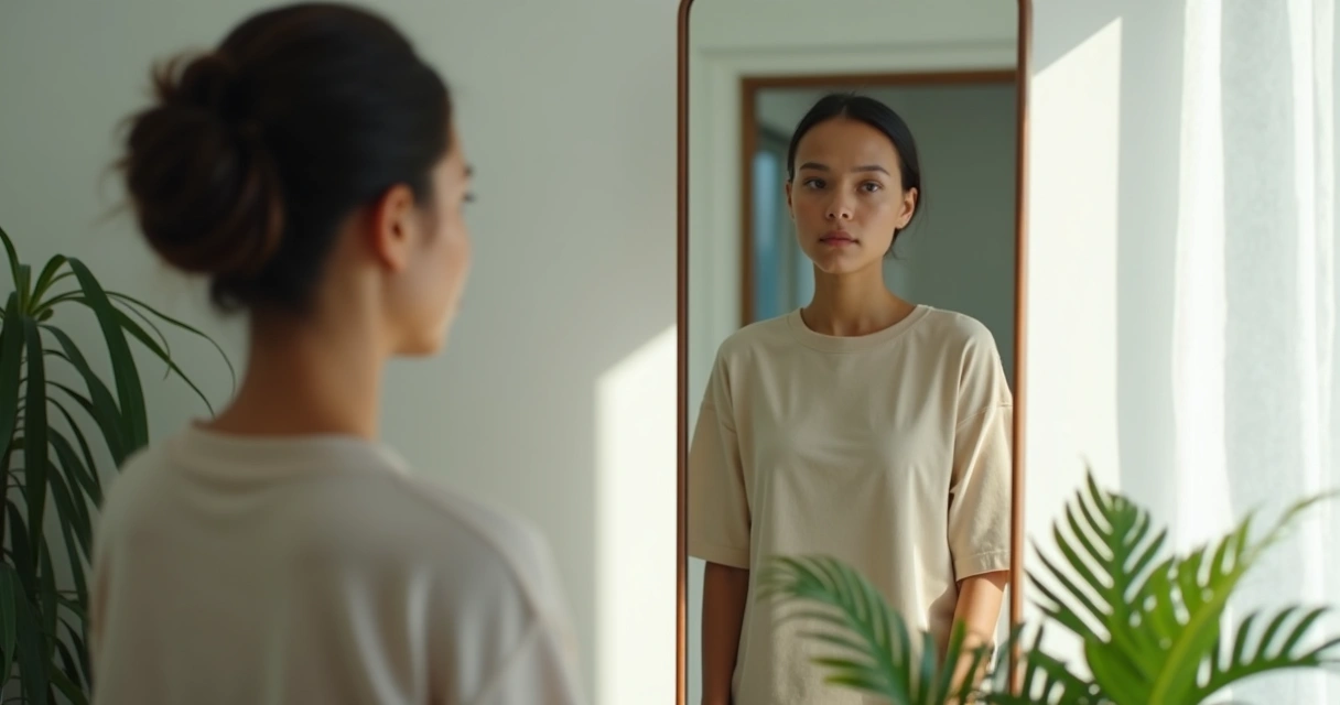 Pessoa refletindo diante de um espelho, cena calma e iluminada natural 