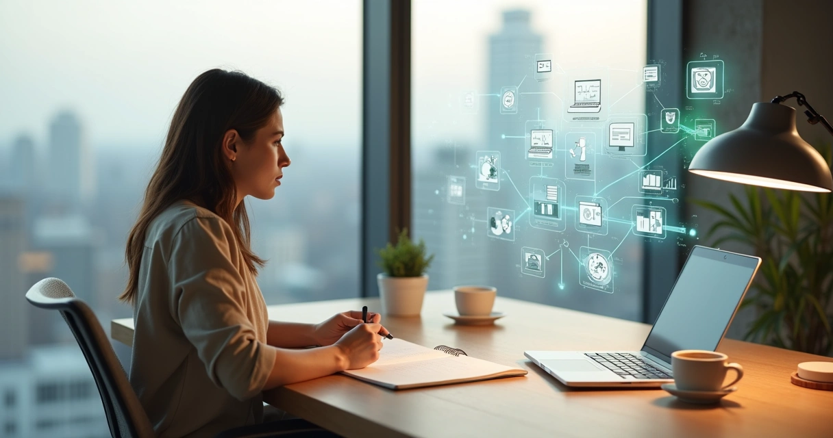 Pessoa refletindo sobre escolhas profissionais com fluxo de caminhos e ícones de trabalho 