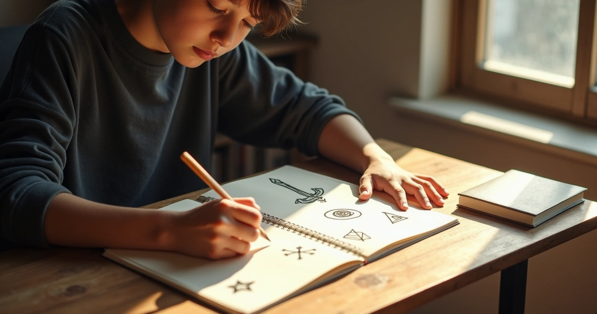 Pessoa escrevendo em caderno com símbolos de arquétipos como desenhos ao redor. 