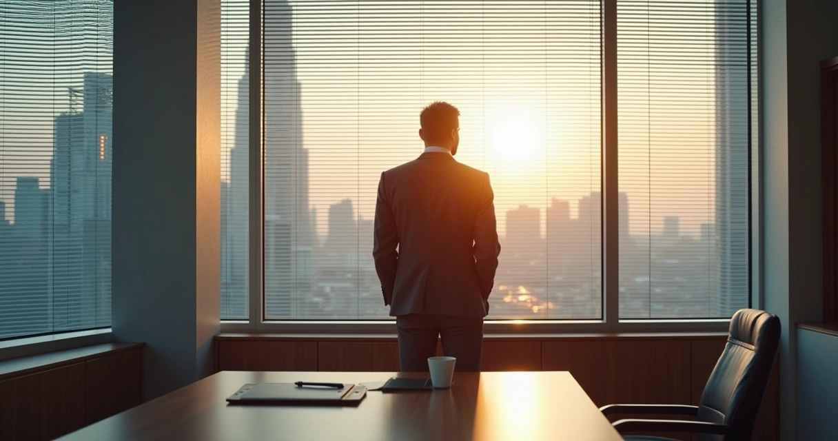 Profissional refletindo diante de uma janela em escritório corporativo 