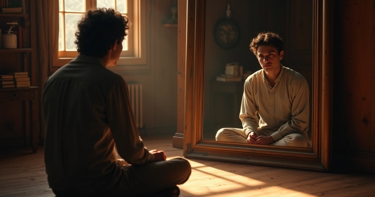 Pessoa olhando para o próprio reflexo em espelho com expressão pensativa
