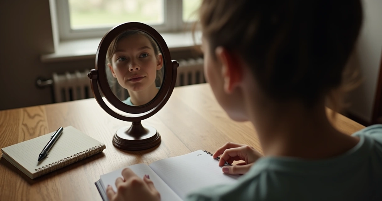 Pessoa observando o próprio reflexo em espelho redondo 
