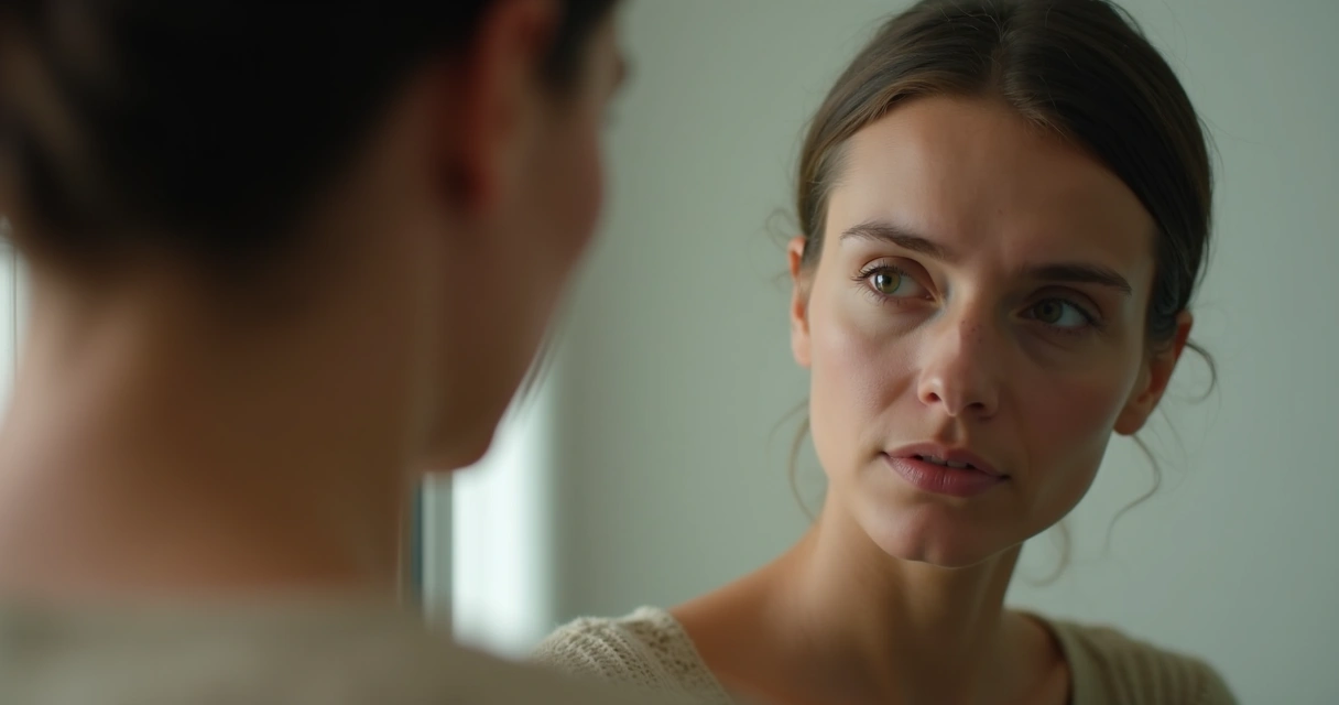 Pessoa olhando para si mesma refletida em espelho com expressão pensativa 