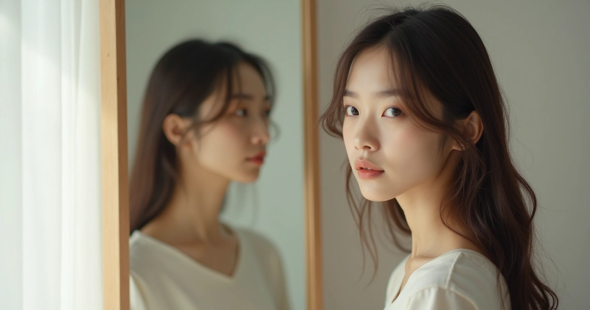 Pessoa olhando o próprio reflexo em um espelho simples 