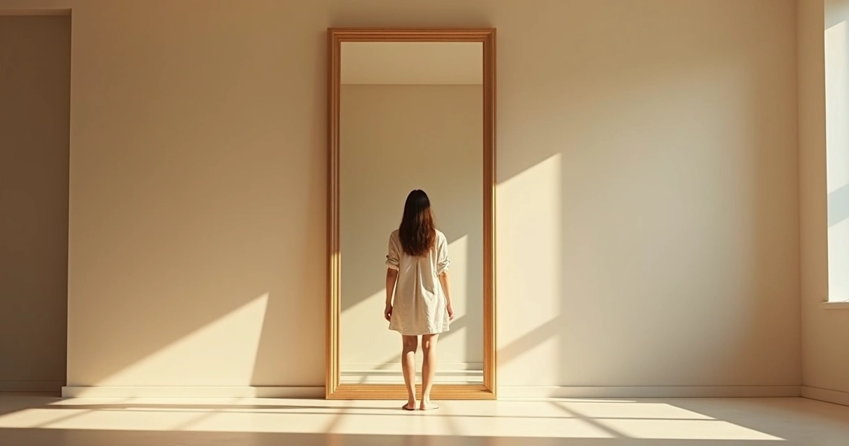 Pessoa olhando para próprio reflexo em espelho, ambiente calmo e introspectivo