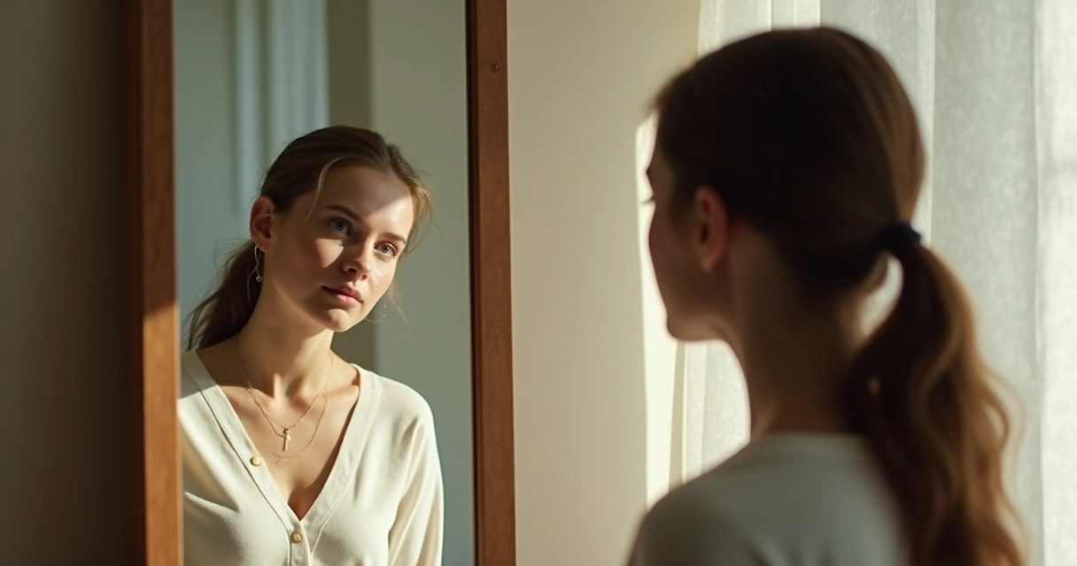 Pessoa olhando pensativa para o próprio reflexo em espelho com luz natural