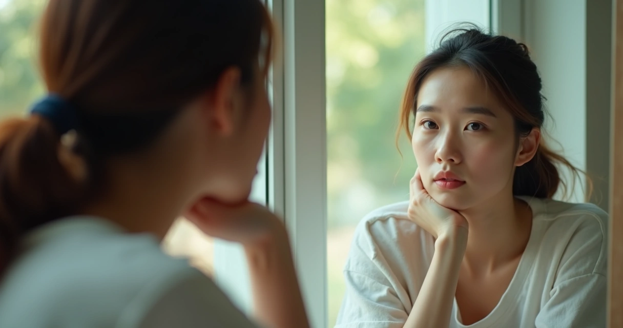 Pessoa olhando para o próprio reflexo no espelho com expressão meditativa 