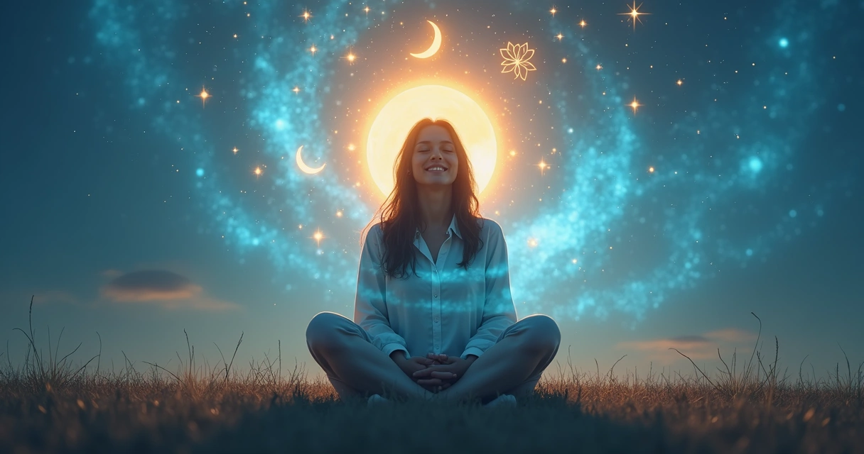 Pessoa em posição de meditação, cercada de luz azul e dourada, transmitindo autoconhecimento