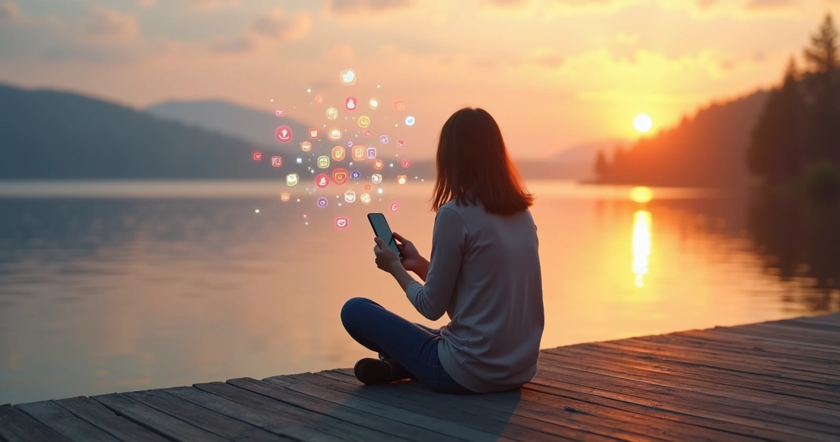 Pessoa sentada à beira de um lago ao entardecer segurando um celular com notificações suspensas no ar 