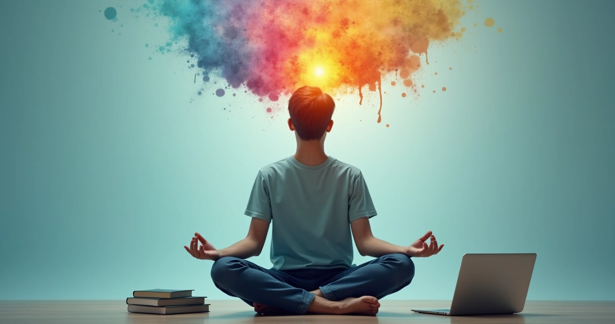 Estudante refletindo em postura de lótus, com diagrama colorido representando emoções na mente 