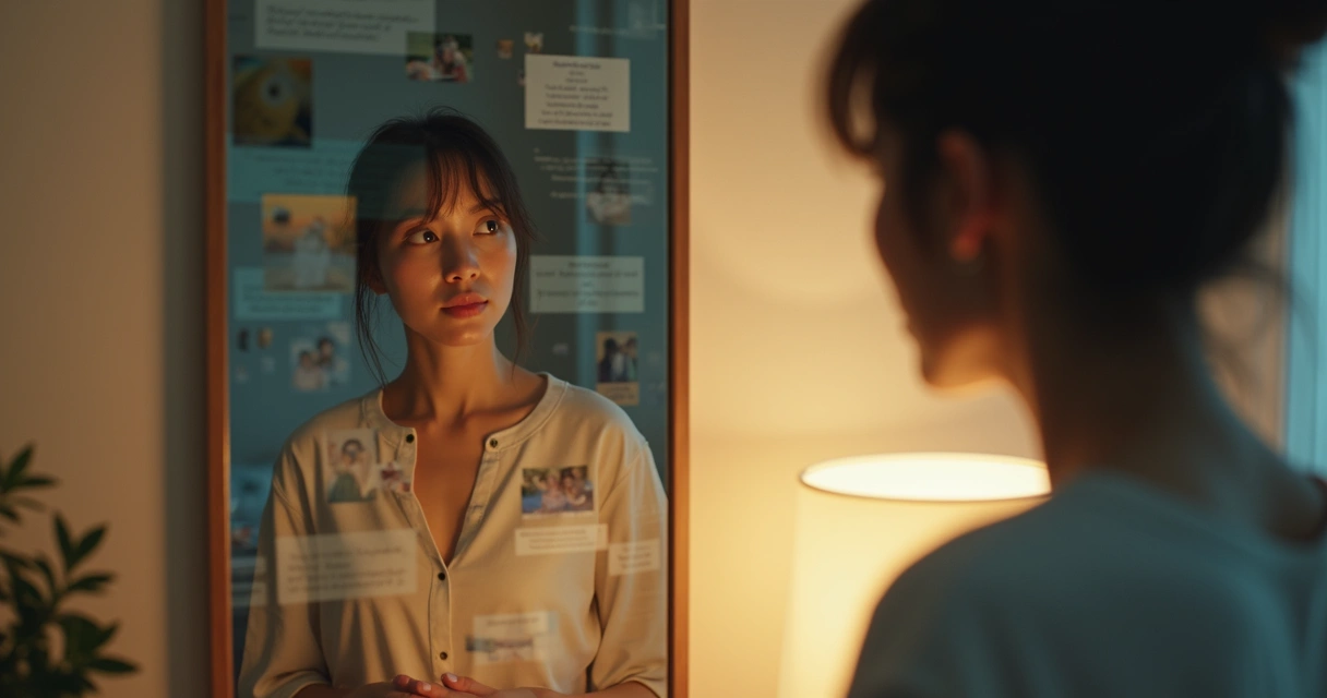 Pessoa refletindo diante do espelho, simbolizando autoconhecimento